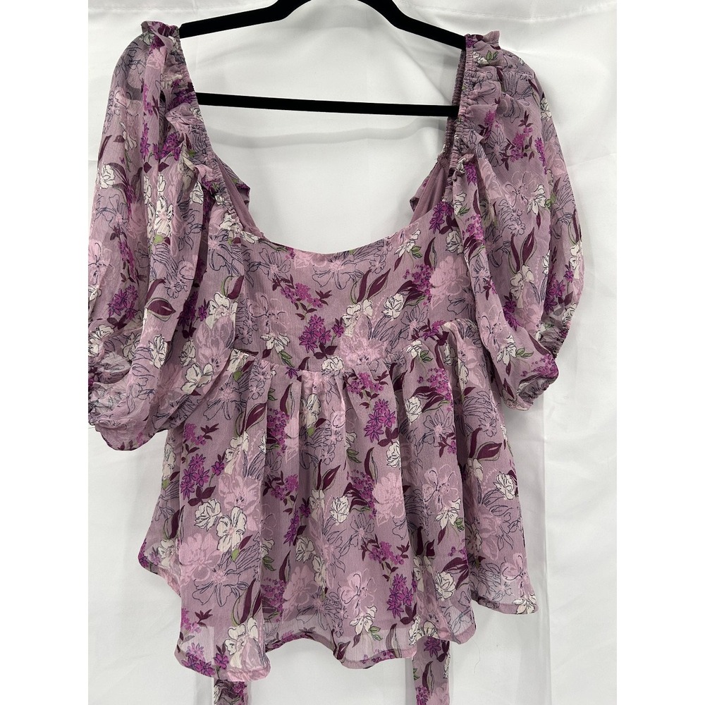 En Saison Womens S Lavender Floral Puff Sleeve Peplum Tie-Back Top Fairy Whimsy